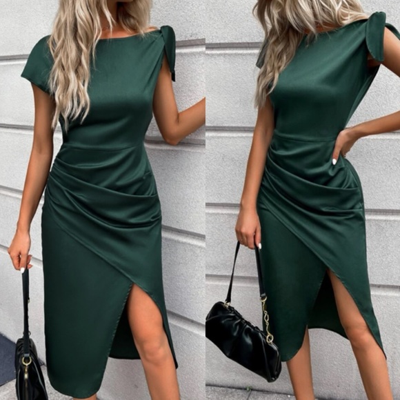 Dresses & Skirts - Luxe asymmetrical hem tulip sleeve satin midi dress